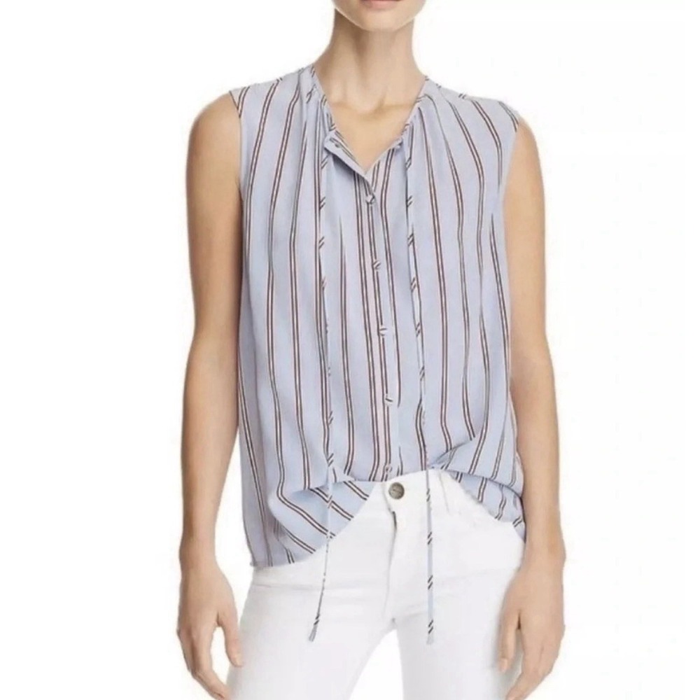 FRAME Denim Blue Striped 100% Silk Sleeveless Tie Neck Blouse Medium LWSH0791